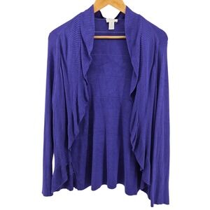 Chicos Size 1 Purple Ribbed Knit Waterfall Cardigan Ruffle Sweater Sz M Travel